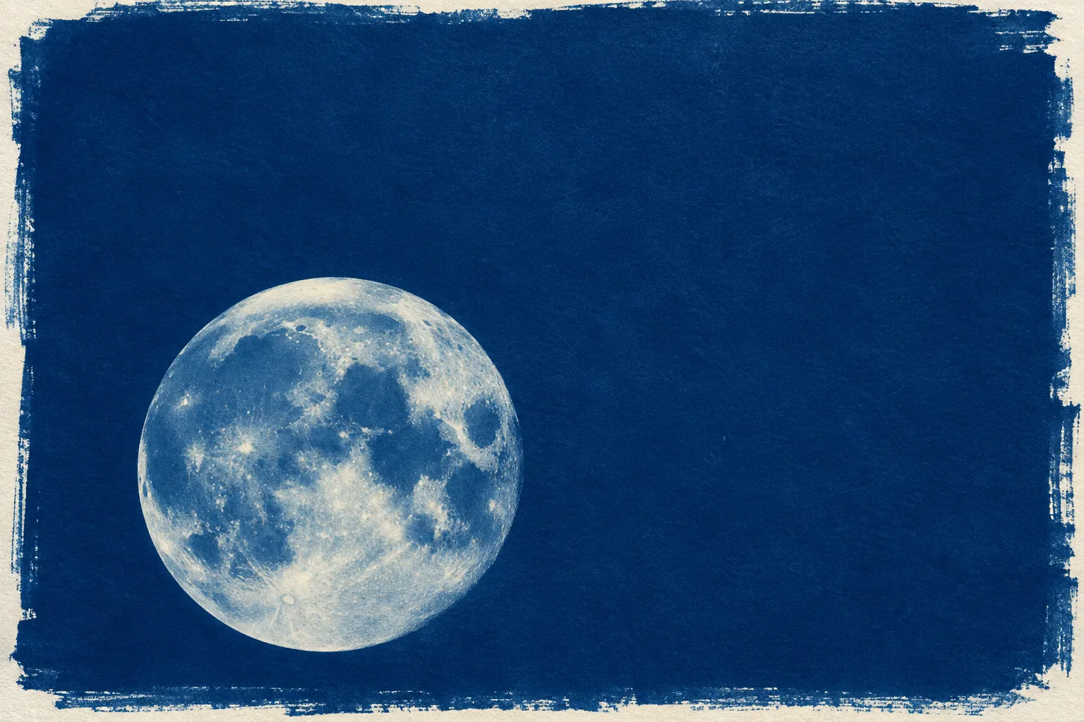 Stampa cianotipica della Luna piena, crateri e mari bianchi su fondo blu